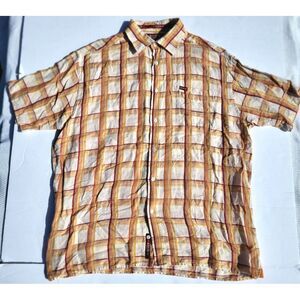 Enyce Mens Shirt Size XL Short Sleeve Button Up Orange Plaid‎ Linen Cotton Blend